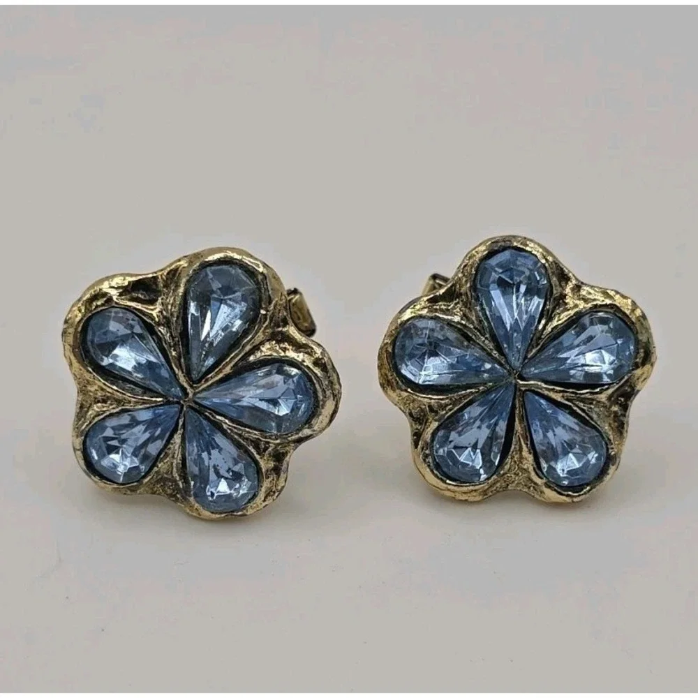 Vintage Blue Teardrop Rhinestone Flower Gold Tone Cufflinks Groovy Retro Funky